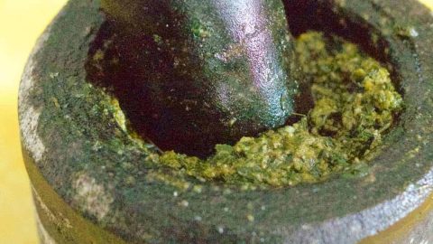 Basil Pesto in Mortar and Pestle Easy Home made Basil Pesto